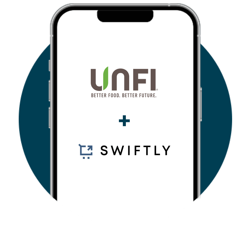 UNFI and Swiftly logos in a phone screen
